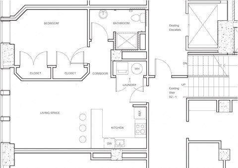 Floor plan for 1 bed, 1 bath, 664 sqft